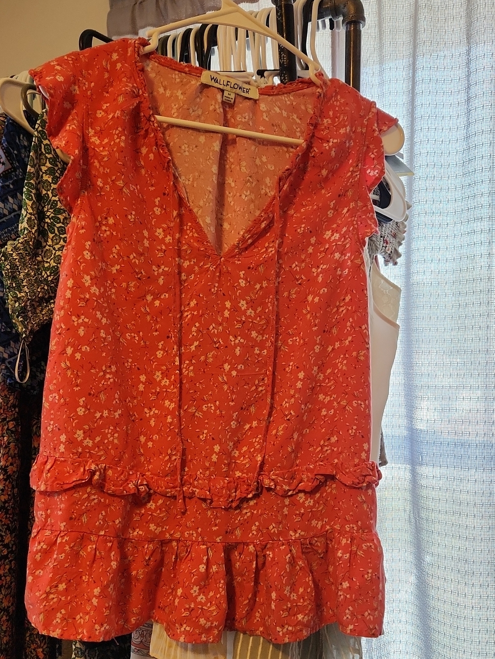 Wallflower Coral Red Floral Ruffle V-Neck Dress